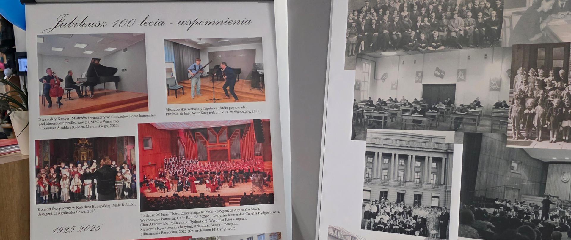 na zdjęciu na białych tablicach kolorowe zdjęcia ze wspomnieniami z wydarzeń szkolnych w tle czerwone i niebieskie balony z czarnym napisem sto lat