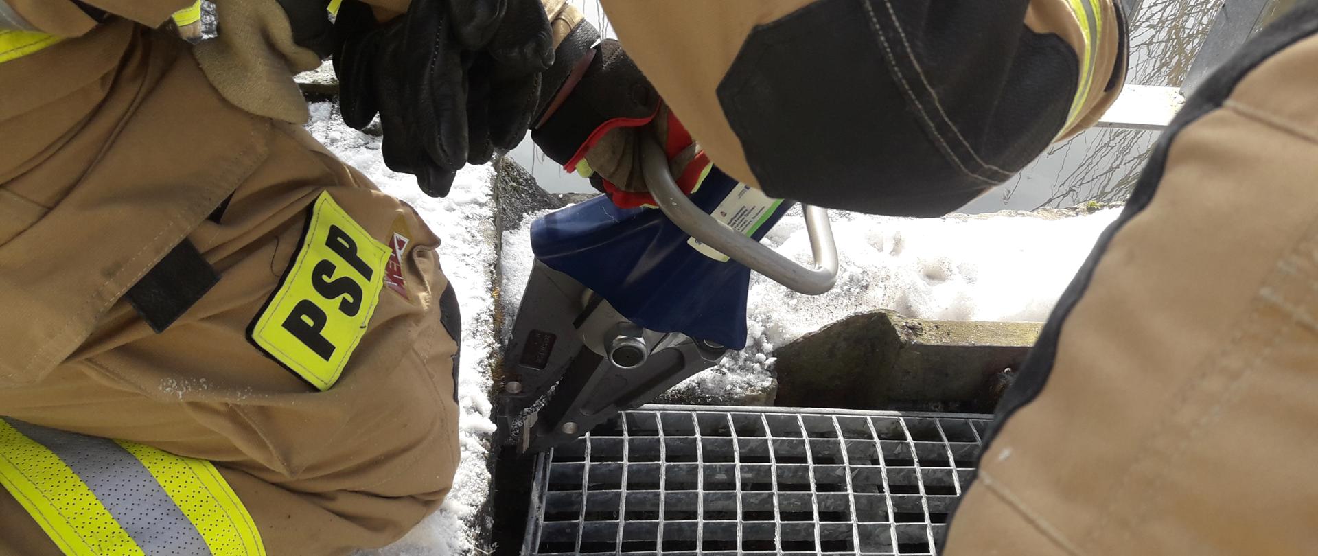 Strażacy przy użyciu narzędzi hydraulicznych wykonują dostęp do uwięzionych kormoranów.