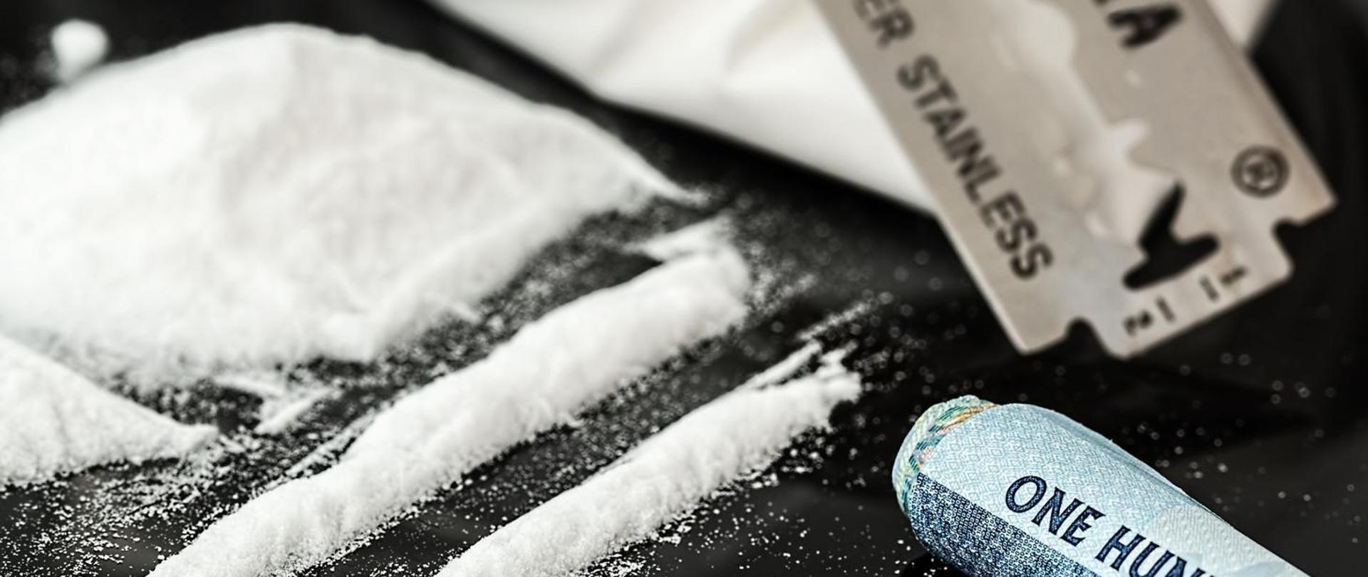 Na zdjęciu, na ciemnym tle widzimy rozsypany biały proszek, uformowany w charakterystyczne dla korzystania z narkotyków "kreski".