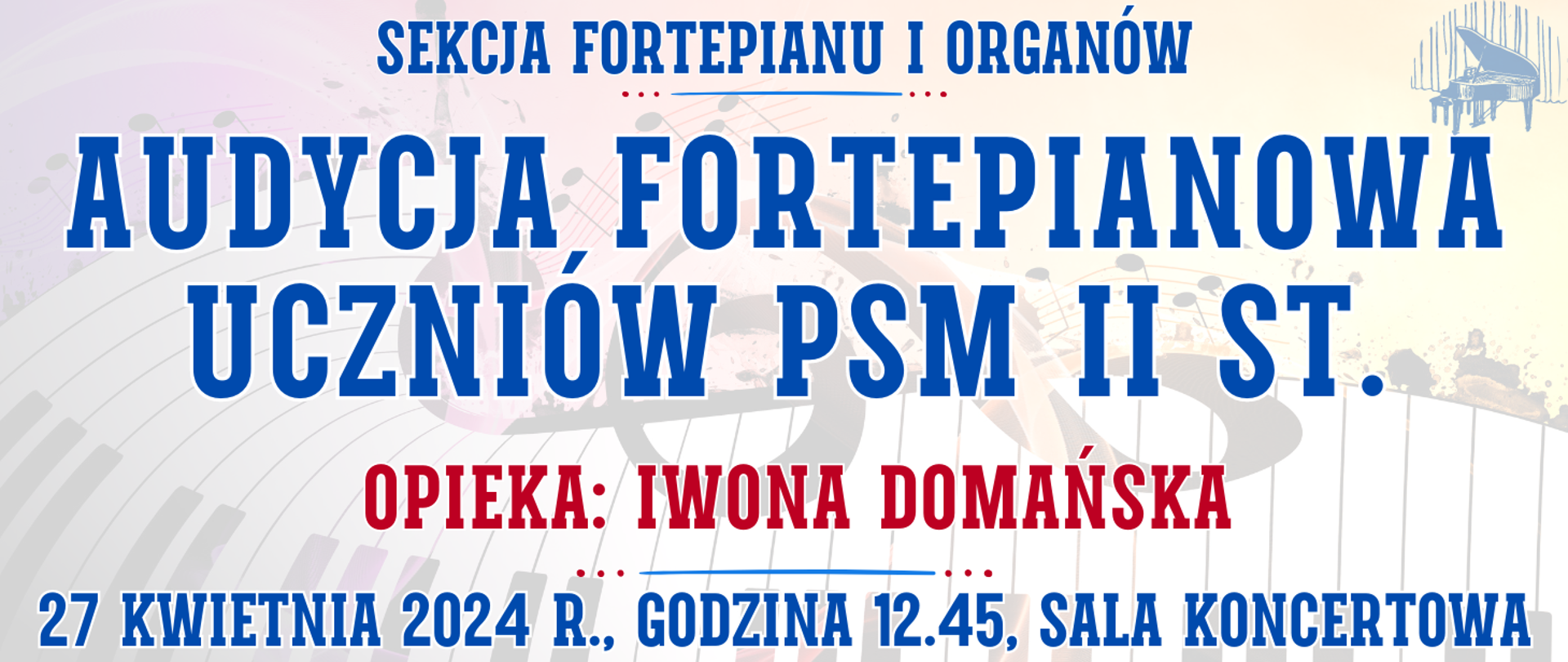 kolorowe tło z muzycznymi elementami typu clipart oraz informacja o wydarzeniu