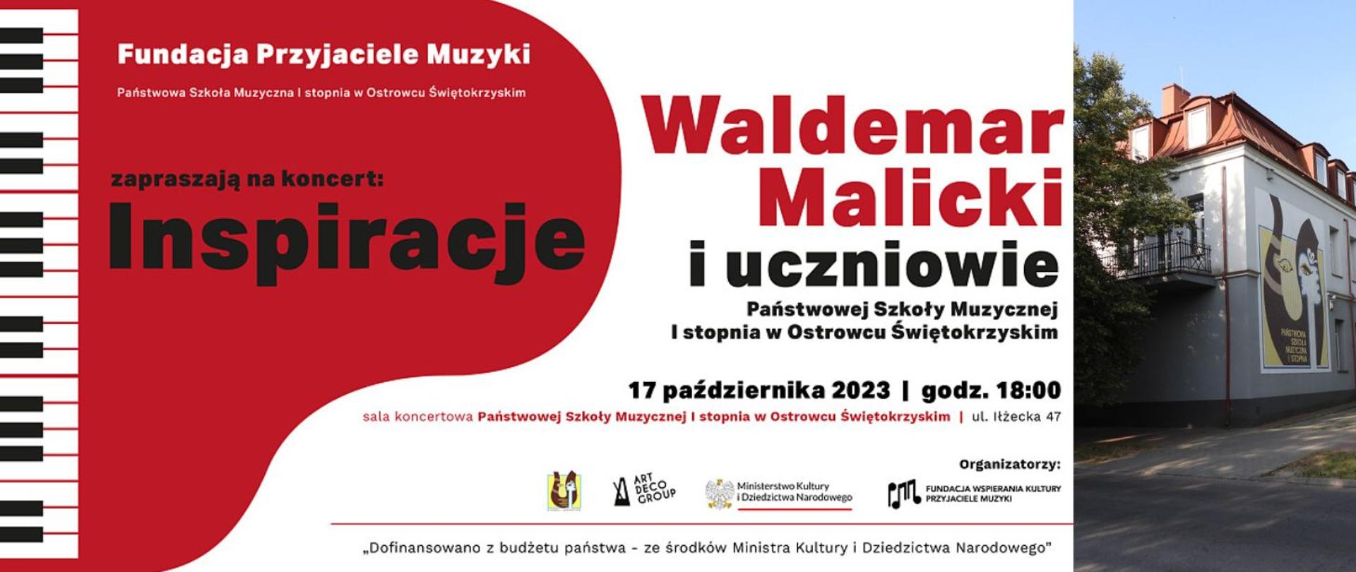 Napisy w kolorze czarnym na biało-czerwonym tle z elementem klawiatury fortepianowej