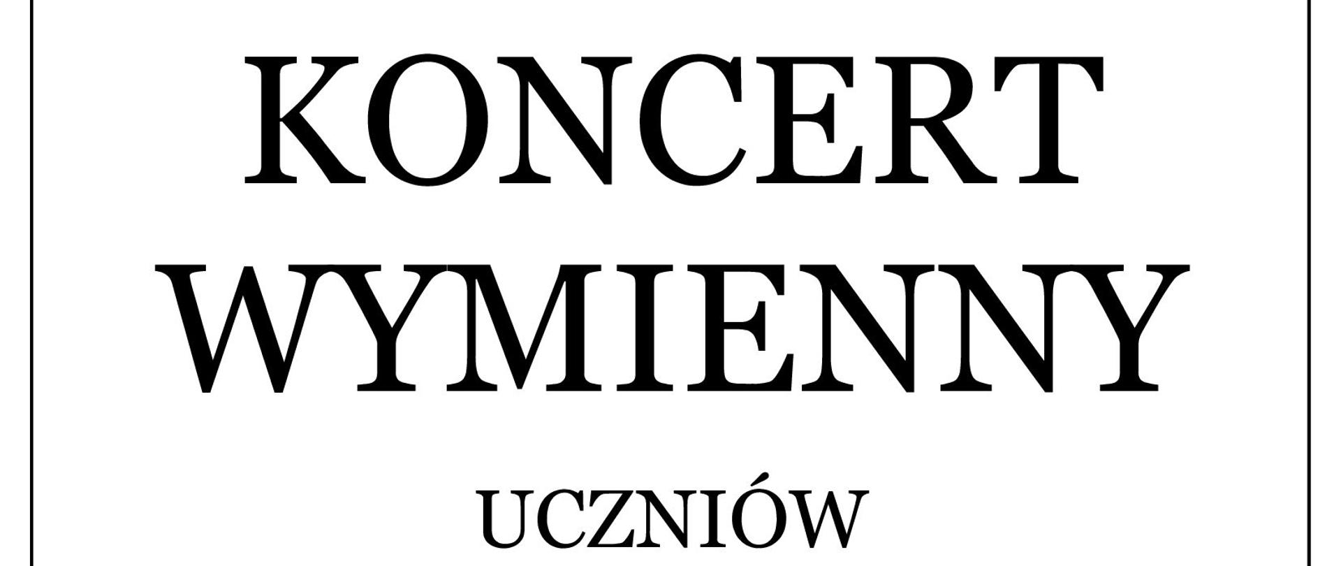 Na białym tle czarne napisy informujące o koncercie wymiennym uczniów. Pomiędzy napisy wplecina animowana postać chłopca grająca na saksofonie. W stopce logo żorskiej szkoły. 