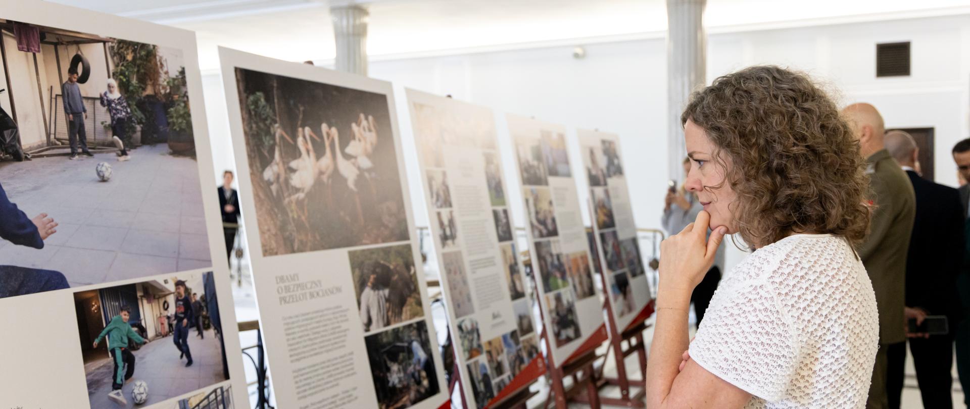 Osoba ogląda wystawę fotograficzną ustawioną w jasnej sali z kolumnami. Ekspozycja składa się z kilku plansz umieszczonych na drewnianych stojakach. Na pierwszej planszy widoczne są fotografie osób grających w piłkę oraz fragment tekstu dotyczącego obozu w Libanie. Kolejna plansza przedstawia stado zwierząt i ma tytuł „Dramat obojętnych przelot bocianów”. W głębi sali stoją pozostali zwiedzający.
