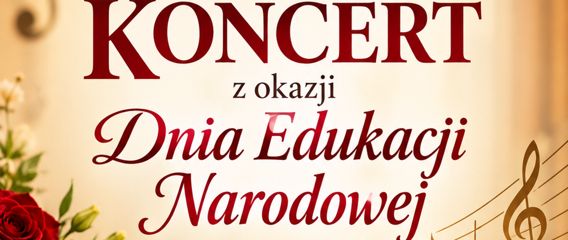 Plakat z okazji Dnia Edukacji Narodowej 15.10.2026. Fortepian, skrzypce, kwiaty i nuty w brązowych kolorach