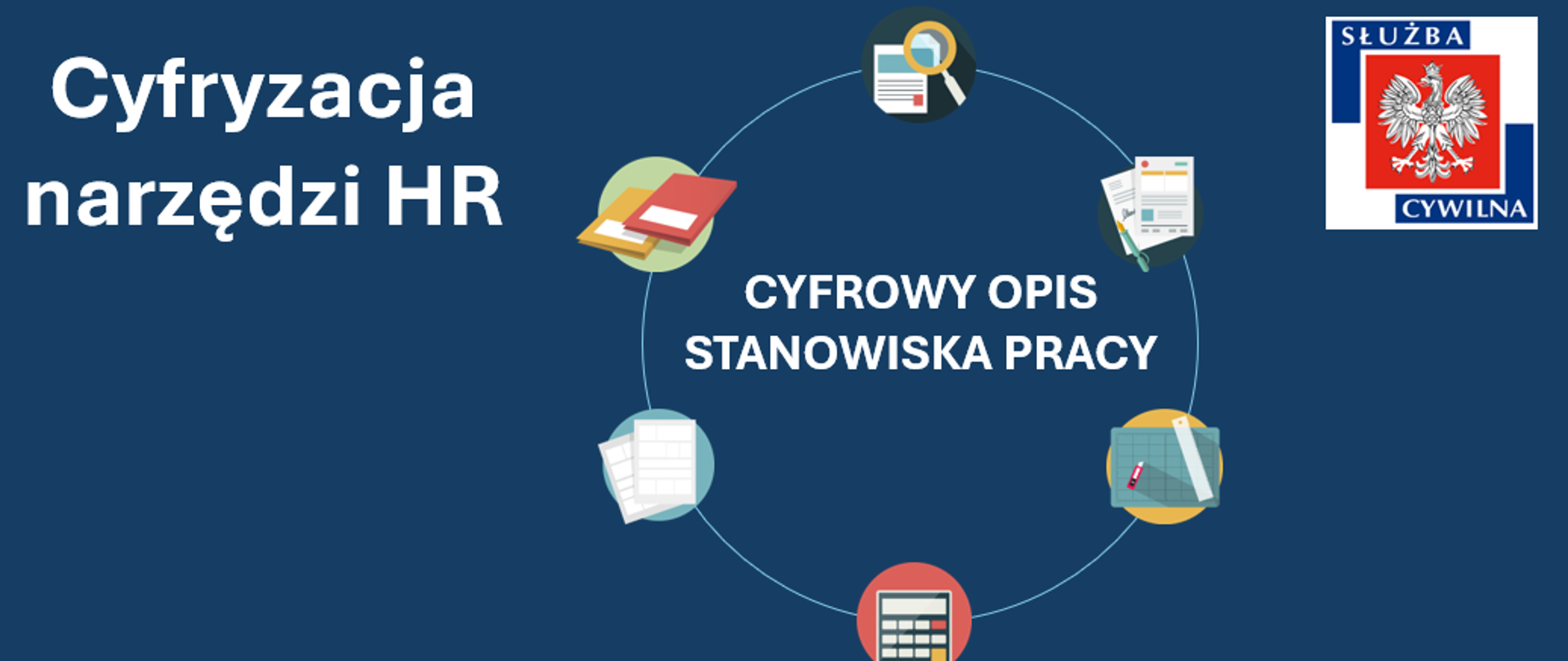 Na granatowym tle białe napisy Cyfryzacja narzędzi HR oraz Cyfrowy opis stanowiska pracy. Wokół napisów ikonki notesów, kartek, kalkulatora. W górnym prawym rogu logo służby cywilnej. 