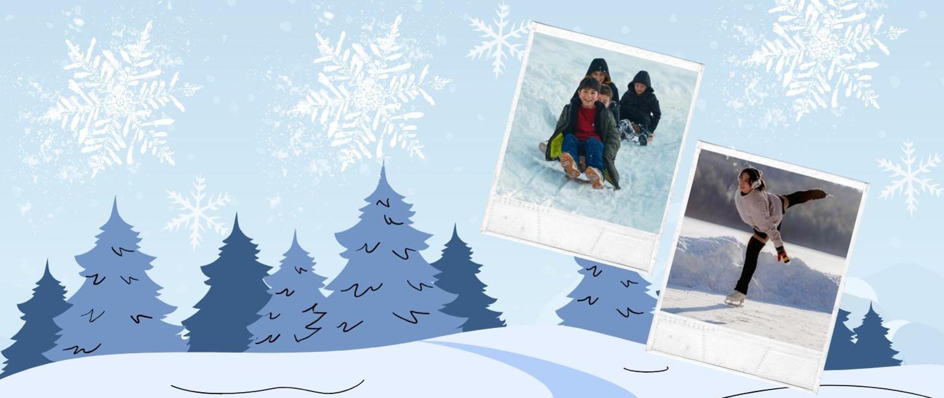 infografika, zimowa sceneria, dzieci uprawiające sporty zimowe 