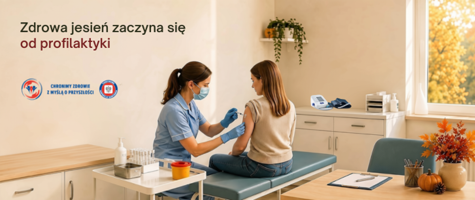 Grafika promująca profilaktykę zdrowotną jesienią. Po lewej widnieje ciemny napis „Zdrowa jesień zaczyna się od profilaktyki” oraz logo Państwowej Inspekcji Sanitarnej wraz z hasłem: „Chronimy zdrowie z myślą o przyszłości”. W gabinecie medycznym pielęgniarka ubrana w niebieski strój, w maseczce i rękawiczkach wykonuje zastrzyk siedzącej na kozetce pacjentce. W tle znajdują się elementy wyposażenia gabinetu.