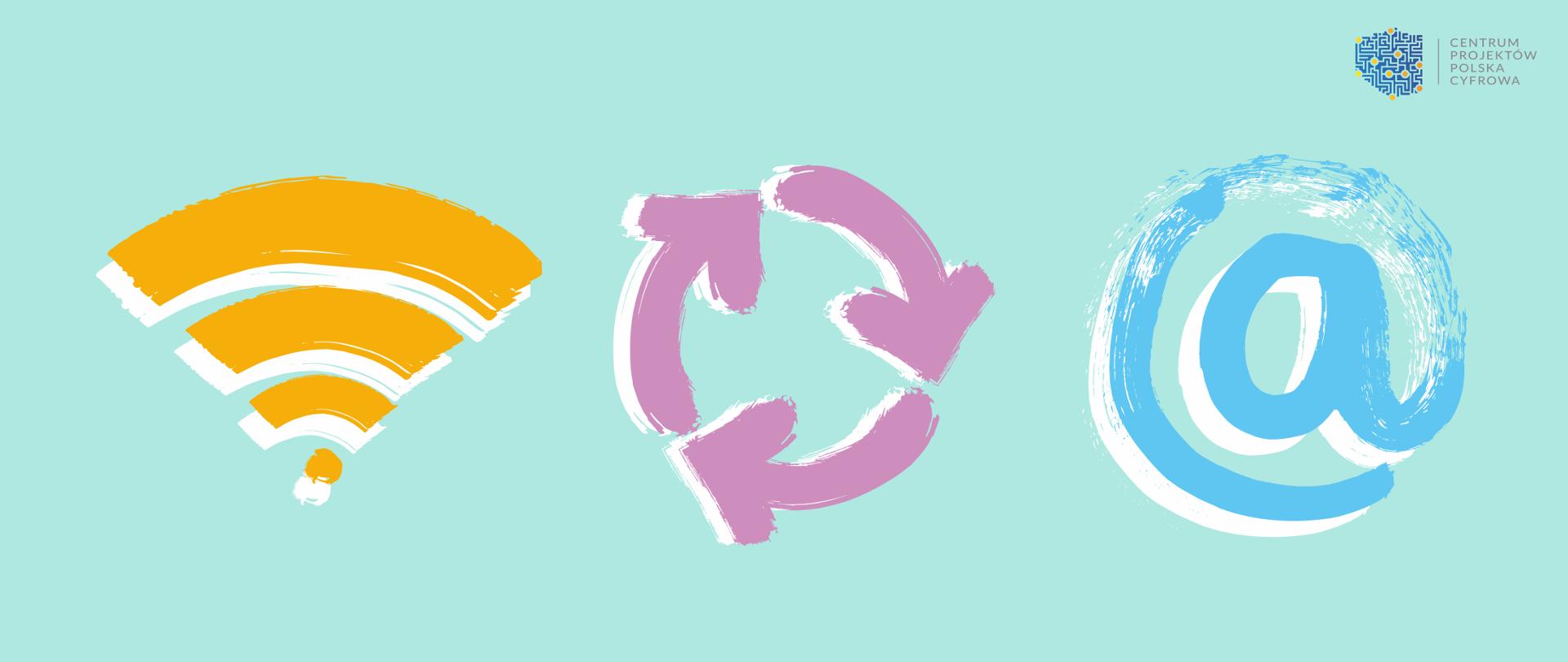 Grafika wektorowa - błękitne tło, a na nim trzy kolorowe znaki: symbol wi-fi (żółty), połączenia (różowy), @ (niebieski). W prawym górnym rogu logo Centrum Projektów Polska Cyfrowa.