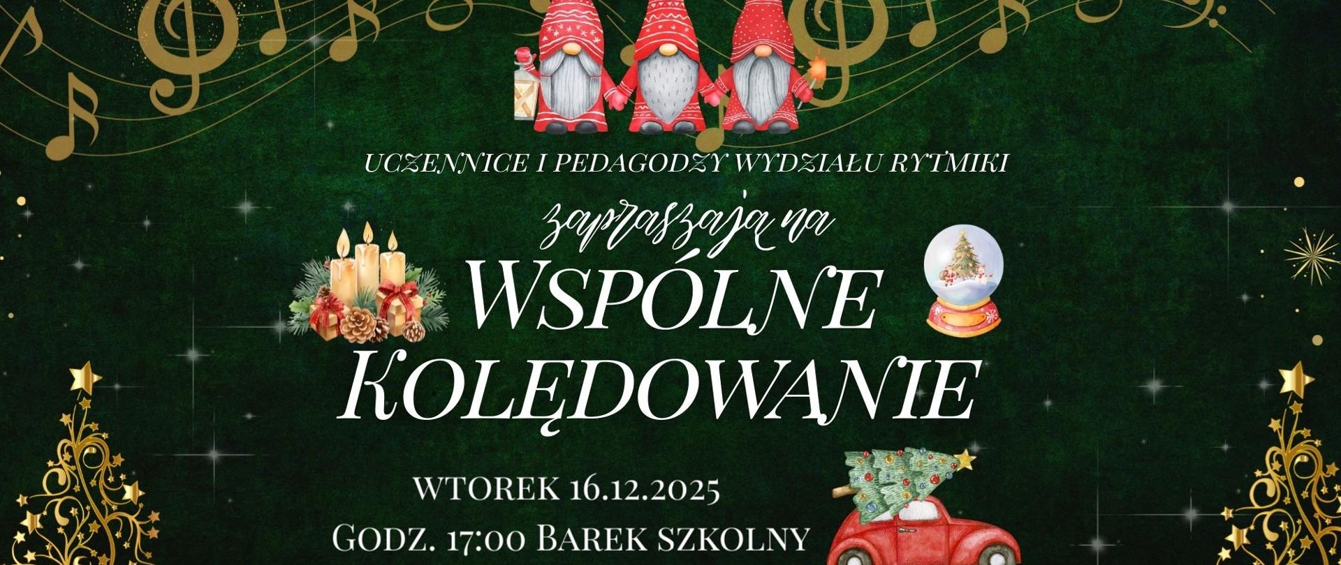 ciemnozielone tło z gwiazdami, wokół świąteczne obrazki choinek i skrzatów, na środku biały napis informujący o wydarzeniu, poniżej w złotym kolorze wykonawczynie