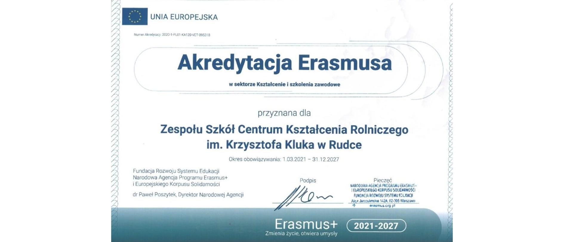 Certyfikat Akredytacji Erasmusa na lata 2021 - 2027 przyznane dla ZSCKR w Rudce.