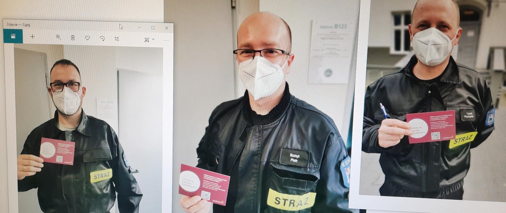 Zdjęcie przedstawia mix trzech zdjęć strażaków z OSP Trzciel bezpośrednio po szczepieniu przeciwko Covid 19. W ręku trzymają kartę potwierdzającą zaszczepienie.
