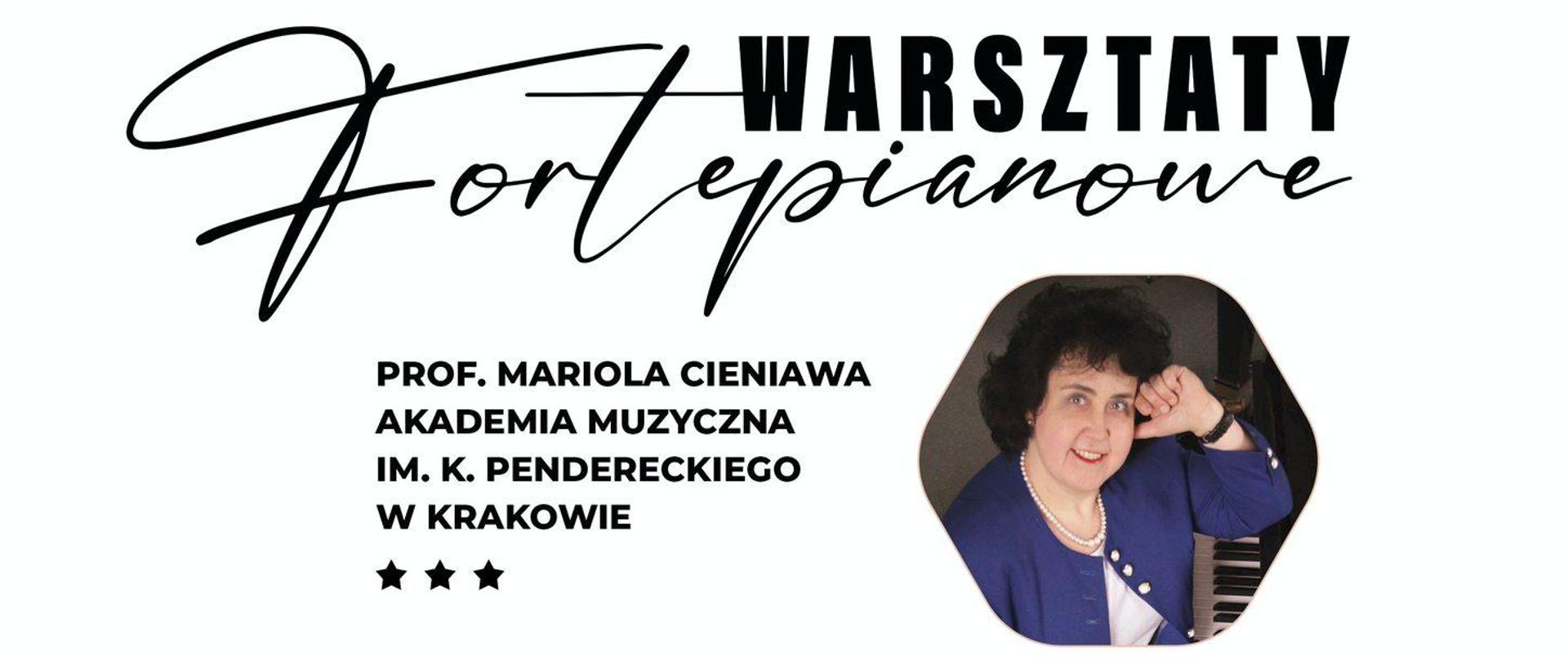 plakat warsztatów fortepianowych na białym tle, w centrum instrument. 