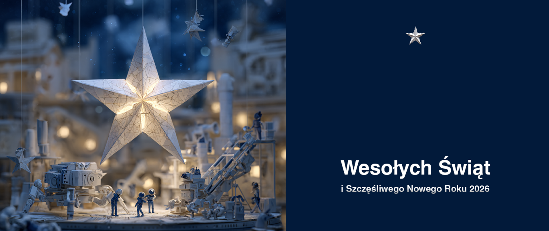 Grafika - biała gwiazda, sylwetki małych ludzików i napis Wesołych Świąt i szczęśliwego nowego roku 2026 na niebieskim tle.