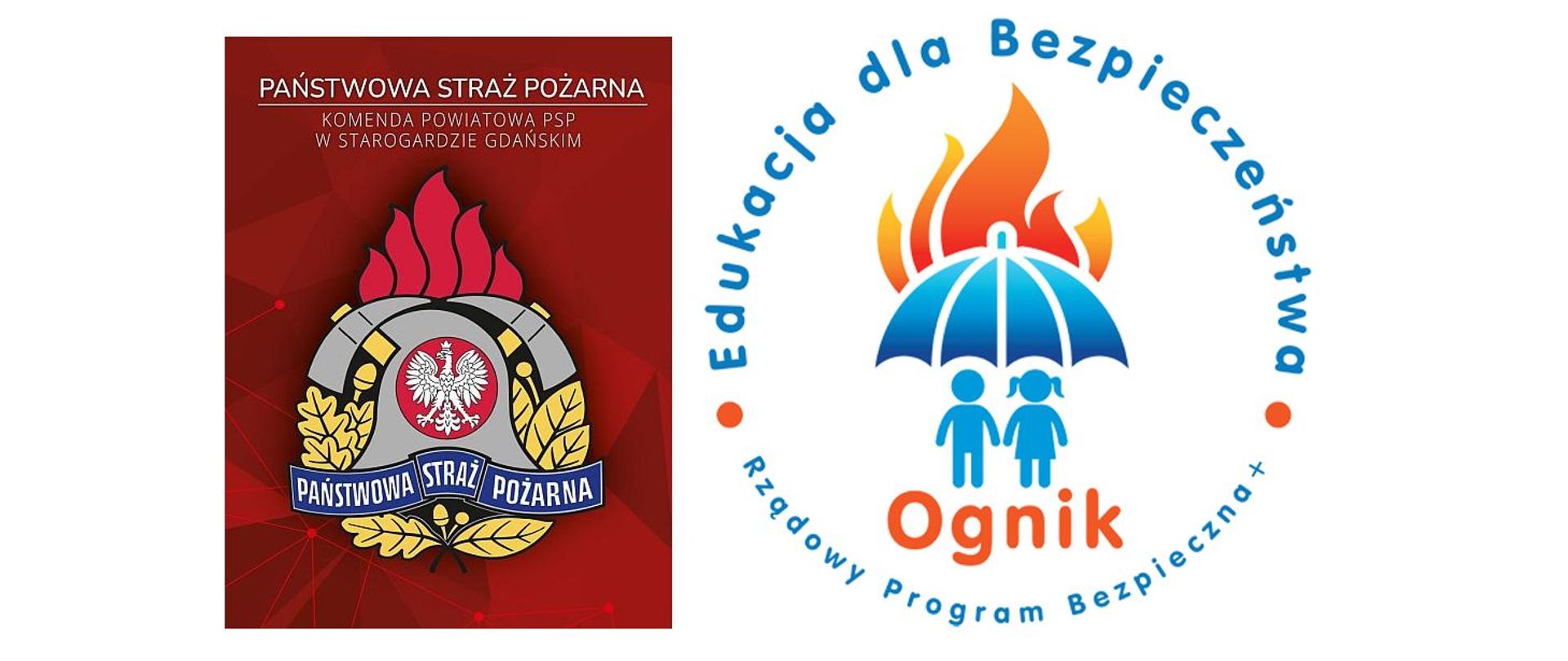 Zdjęcie przedstawia baner Komendy Powiatowej PSP w Starogardzie Gdańskim i logo sali edukacyjnej OGNIK