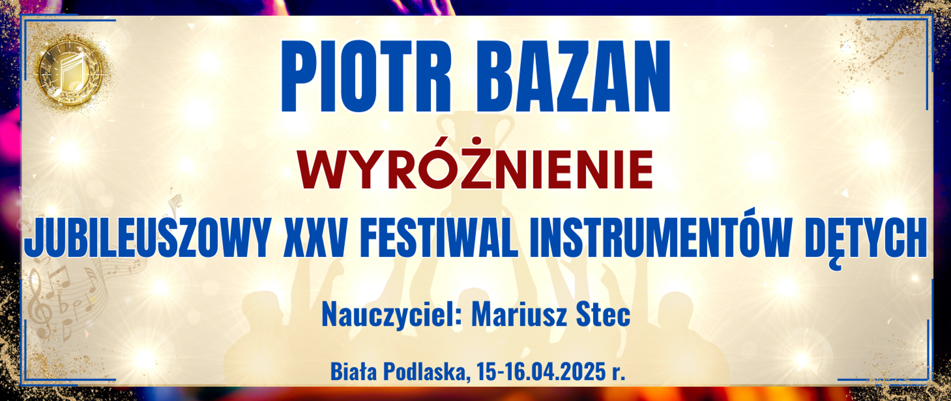 baner z ciemną kolorową ramką, jasne tło w środku z informacją o wyróżnieniu