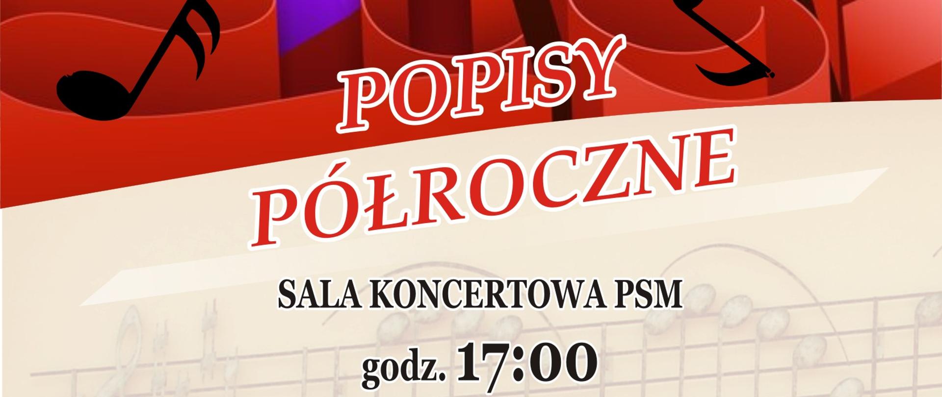 Plakat - koncerty Popisów Półrocznych 2026. czerwono - beżowe tło, instrumenty muzyczne na tle pięciolinii 