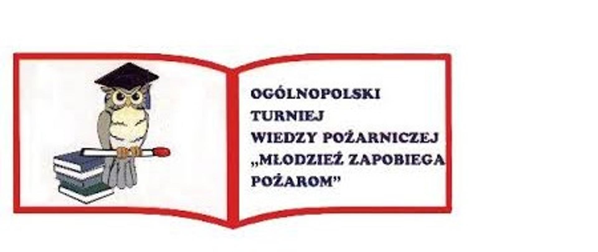Zdjęcie przedstawia Logo Ogólnopolskiego Turnieju Wiedzy Pożarniczej na którym znajduje się sowa na tle książki i napis turnieju.