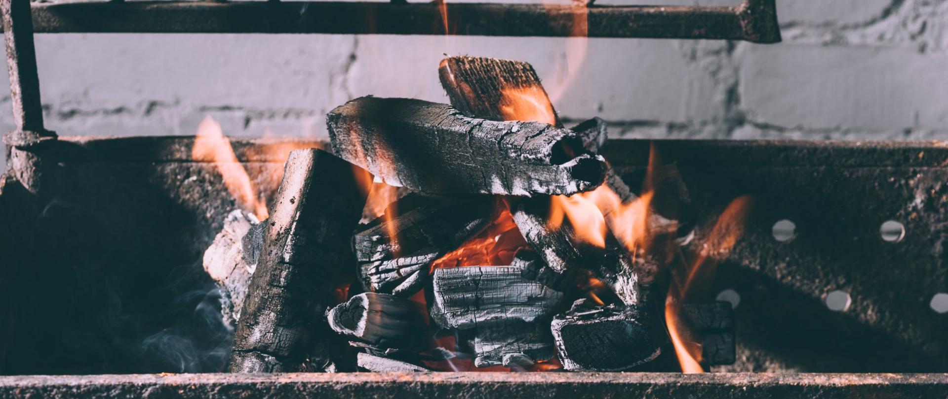 Na zdjęciu jest palenisko z palącym się drewnem.