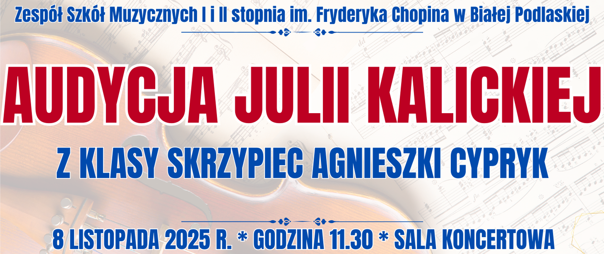 baner w tle półprzezroczyste skrzypce na nutach oraz informacja o audycji klasy skrzypiec