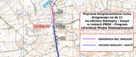 Plan orientacyjny na którym oznaczono kolorem niebieskim odcinek drogi krajowej nr 51 na odcinku Smolajny - Kosyń.