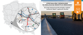 Grafika przedstawia informację o otrzymaniu zezwolenia na realizację inwestycji drogowej dla S8 pomiędzy węzłami Jordanów Śląski - Łagiewniki. Po prawo zdjęcie walców i drogi. Po lewo zdjęcie mapy z lokalizacją odcinka.