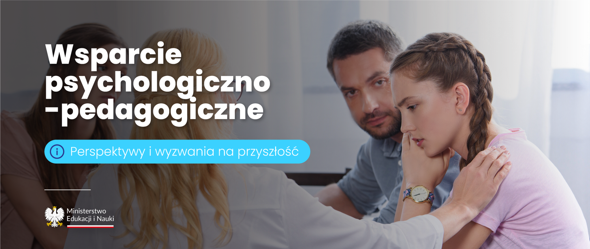 Grua osób otaczających nastolatkę, okazująca jej pomoc. Napis Pomoc psychologiczno-pedagogiczna – perspektywy i wyzwania na przyszłość