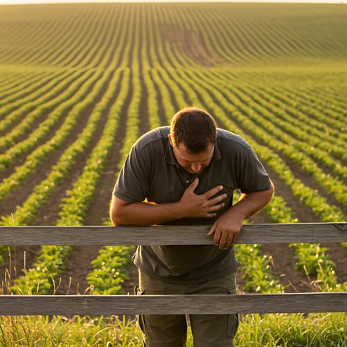 rolnik oparty o płot i trzymający się za serce