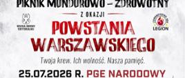 Baner przedstawiający informację o pikniku w ramach Ogólnopolskiej Kampanii Honorowego Krwiodawstwa z okazji Powstania Warszawskiego organizowanego przez Wojska Obrony Terytorialnej oraz Stowarzyszenie Honorowych Dawców Krwi Legion