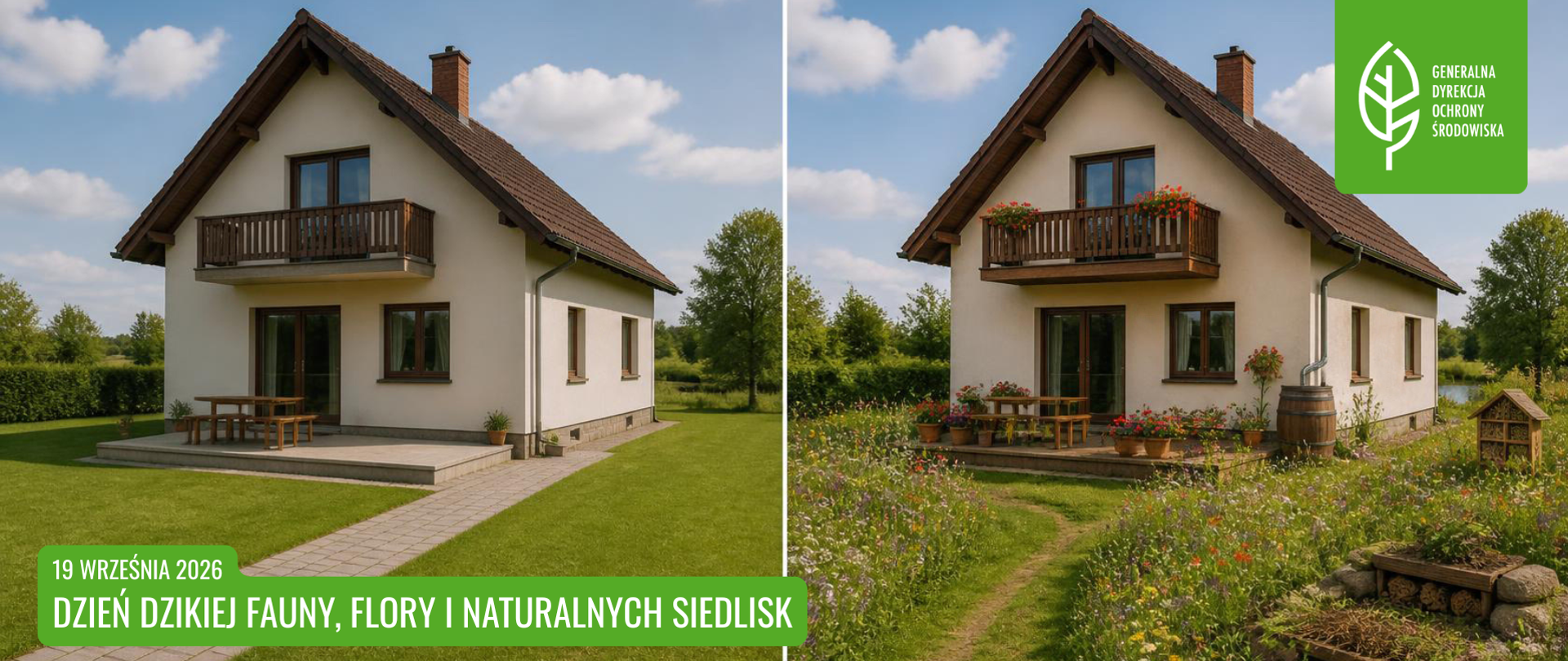Zestawienie dwóch zdjęć: na jednym dom z podwórzem, na którym rośnie trawa. Na drugim ten sam dom, jednak w otoczeniu ukwieconego ogrodu. W lewym dolnym rogu napis: 19 września 2026 Dzień Dzikiej Fauny, Flory i Naturalnych Siedlisk 2026, a w prawym górnym roku logo logo Generalnej Dyrekcji Ochrony Środowiska (biały liść).