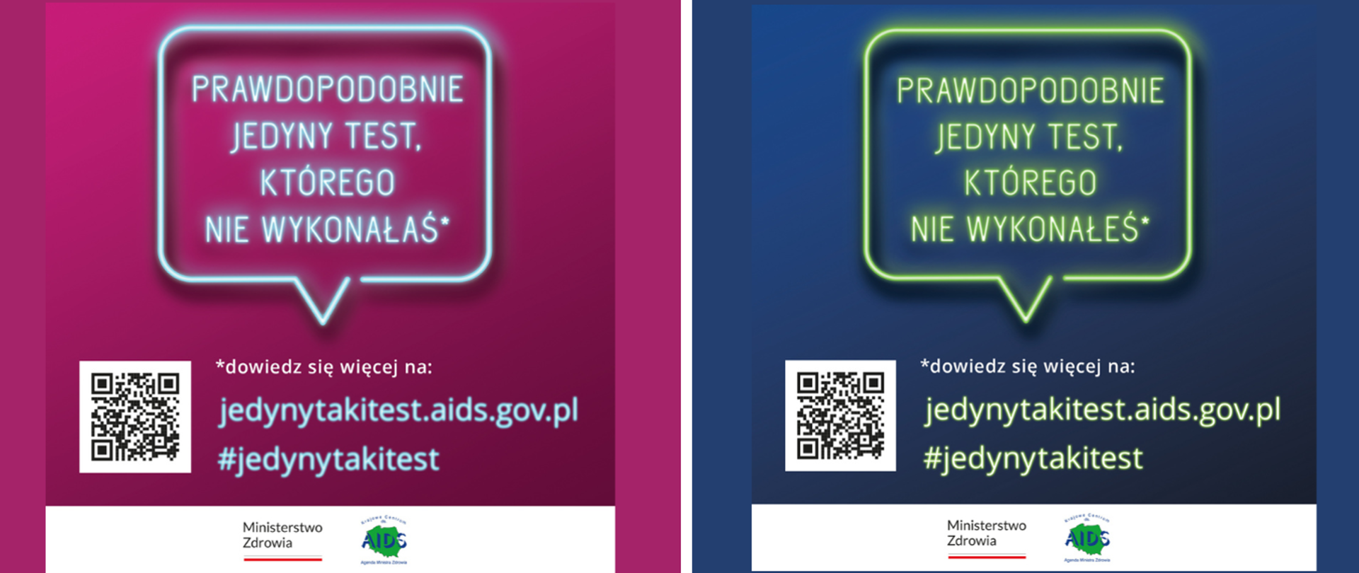 Baner zawiera dwie grafiki – na tle różowym i granatowym – z hasłem kampanii #jedynytakitest