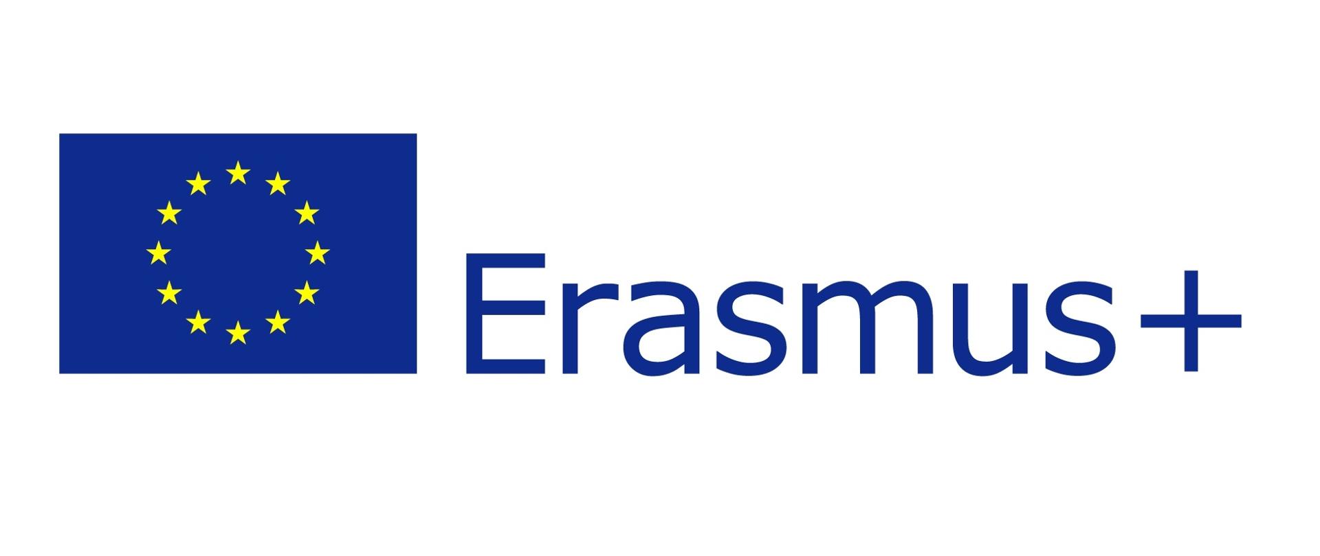 Zdjęcie przedstawia logotyp progrmu Ersmus+ - niebieski napis + flaga Unii Europejskiej