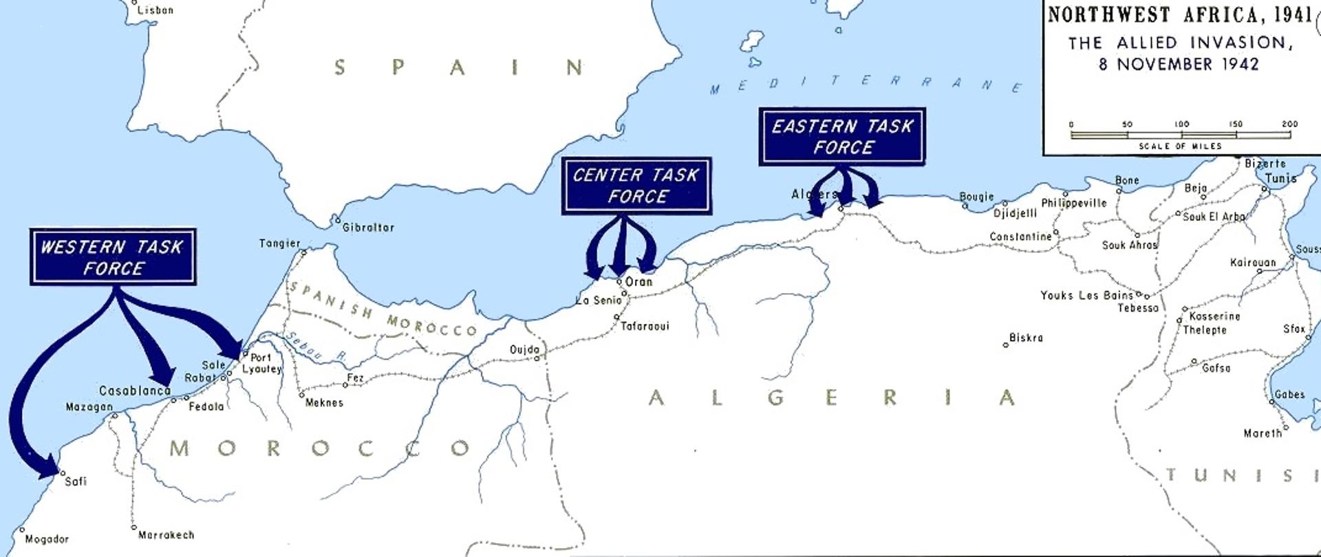 Opération Torch - carte du débarquement des Alliés en Afrique du Nord le 8 novembre 1942