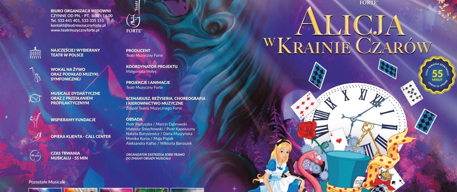 Plakat na kolorowym tle wraz z szczegółowymi informacjami dot. musicalu pt. " Alicja w Krainie Czarów " 