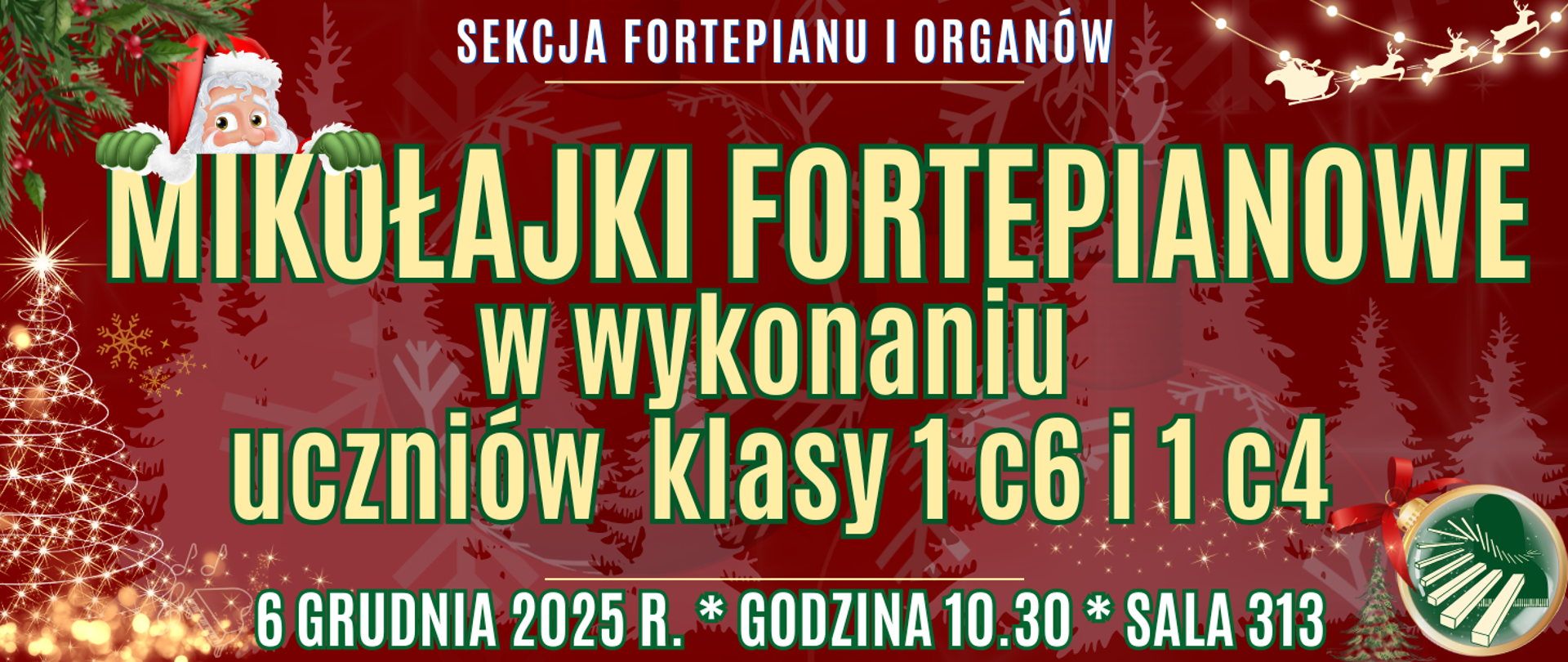 baner ciemno czerwone świąteczne tło z dekoracjami świątecznymi oraz informacja o wydarzeniu