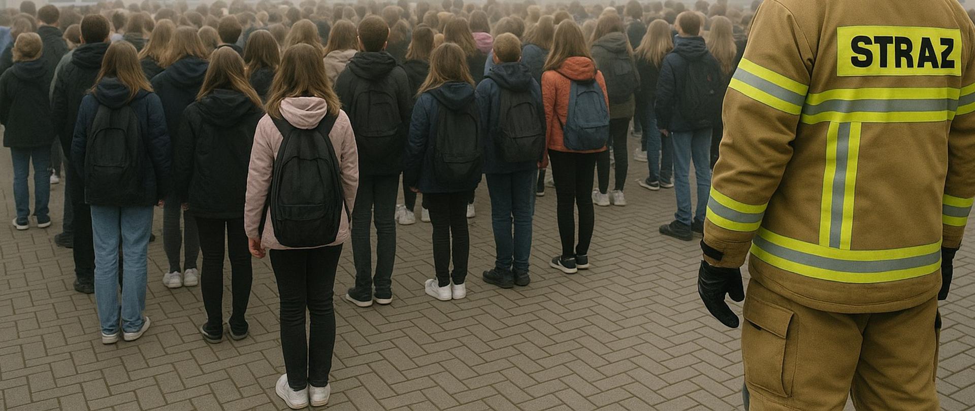 Uczniowie stojący na placu szkolnym podczas próbnej ewakuacji, pod nadzorem strażaka w umundurowaniu.