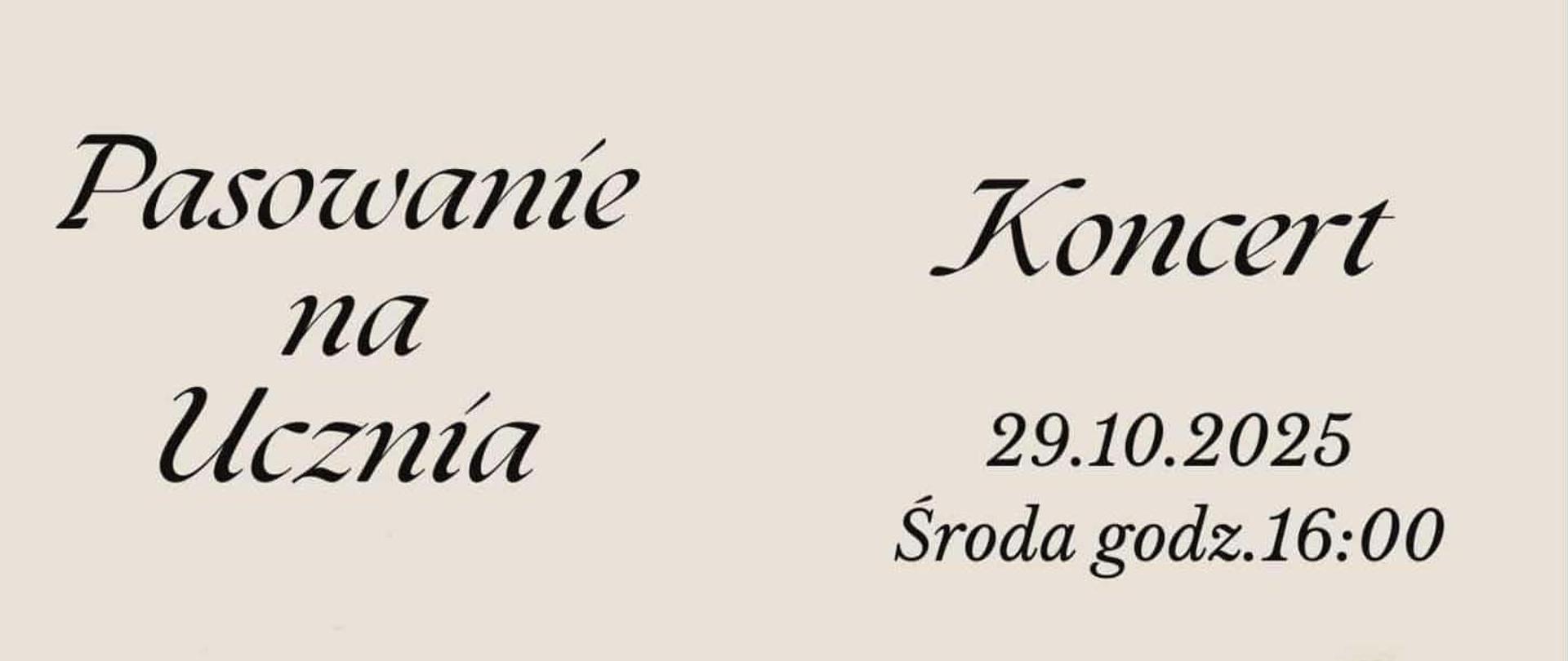 Brązowe napisy na beżowym tle. Z boku widoczny klucz wiolinowy z nutami.