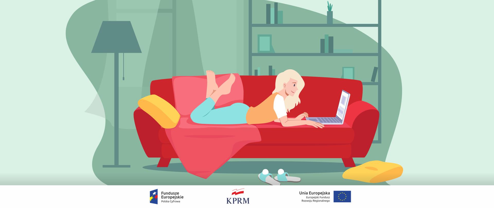 Kolorowa grafika wektorowa - kobieta leży na brzuchu na czerwonej kanapie, korzysta z laptopa.