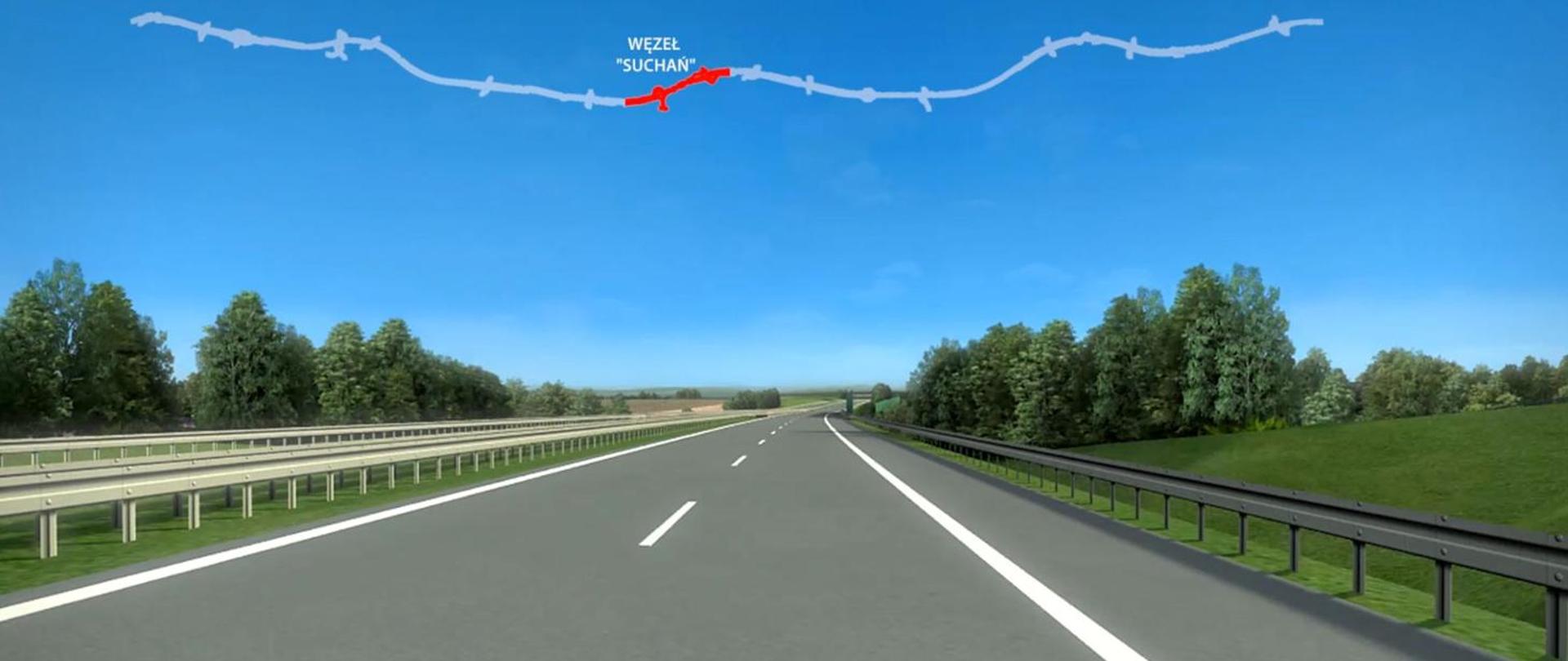 Grafika przedstawia wizualizację drogi z zaznaczonym węzłem "Suchań"