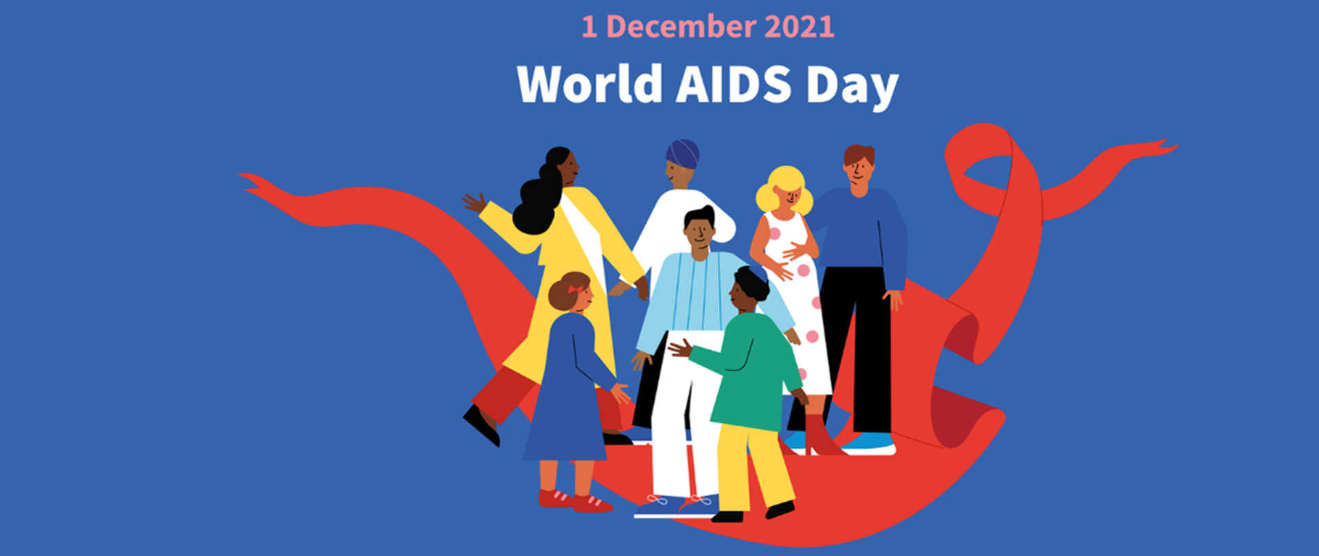 Na niebieskim tle na czerwonej wstążce grupka ludzi, kobiety i mężczyźni różnej karnacji skóry. Nad nimi widnieje napis w języku angielski 1 grudnia 2021 Światowy Dzień AIDS. Natomiast na dole zamieszczono w języku angielskim hasło tegorocznego dnia Koniec nierówności, koniec AIDS