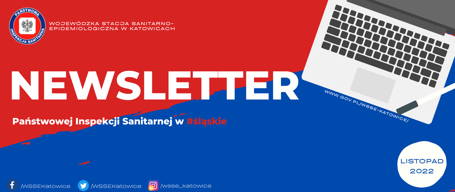 Banner w kolorystyce niebiesko-czerwonej z logo Państwowej Inspekcji Sanitarnej, grafiką komputera oraz odnośnikami do portali społecznościowych prowadzonych przez Wojewódzką Stacje Sanitarno-Epidemiologiczną w Katowicach. 