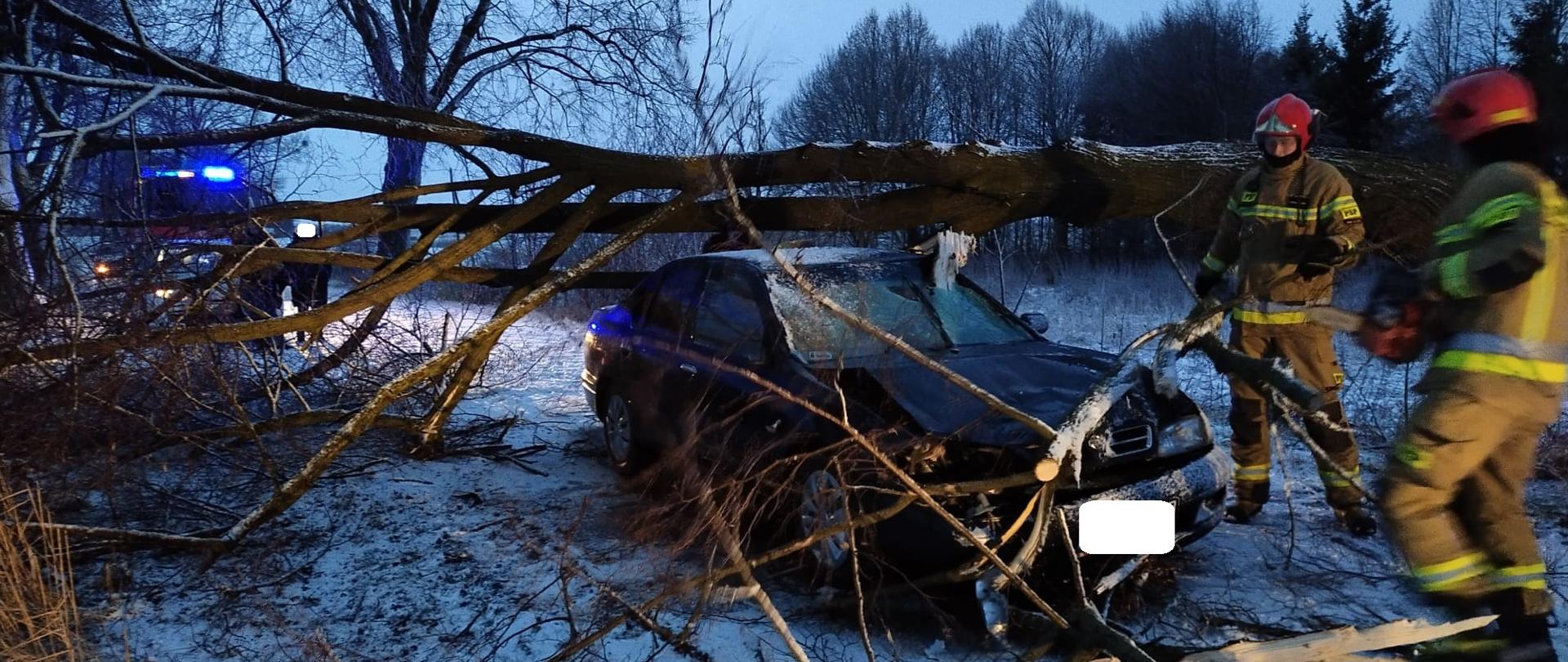 Fotografia przedstawia powalone drzewo na auto osobowe. Na miejscu pracują strażacy z pilarkami do drewna. W tle widać wóz strażacki z włączonymi sygnałami świetlnymi.