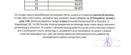 Tabela z wynikami osiągniętymi przez poszczególnych kandydatów. Pod tabelą dodatkowa informacja dotycząca kolejnego etapu naboru między innymi: testu wiedzy, weryfikacji lęku wysokości oraz umiejętności pływania.