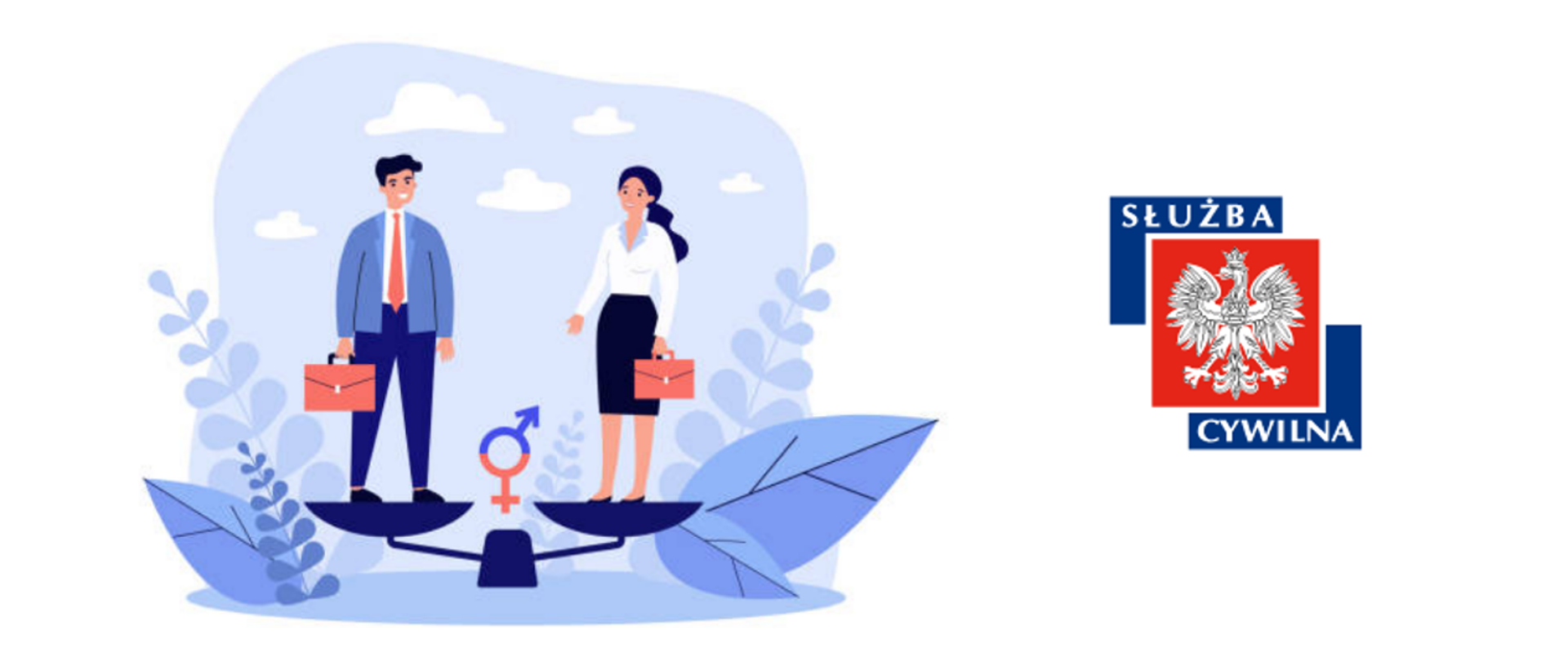 Mężczyzna i kobieta stoją razem na wadze i trzymają teczki. Obok logo służby cywilnej