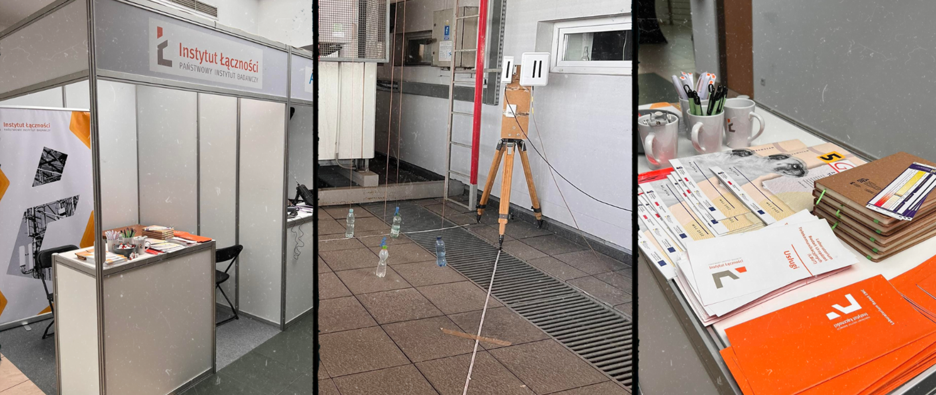 Kolaż trzech fotografii przedstawiających stoisko Instytutu Łączności podczas Warsztatów EMC oraz pole pomiarowe do badań międzylaboratoryjnych organizowanych w czasie tej imprezy