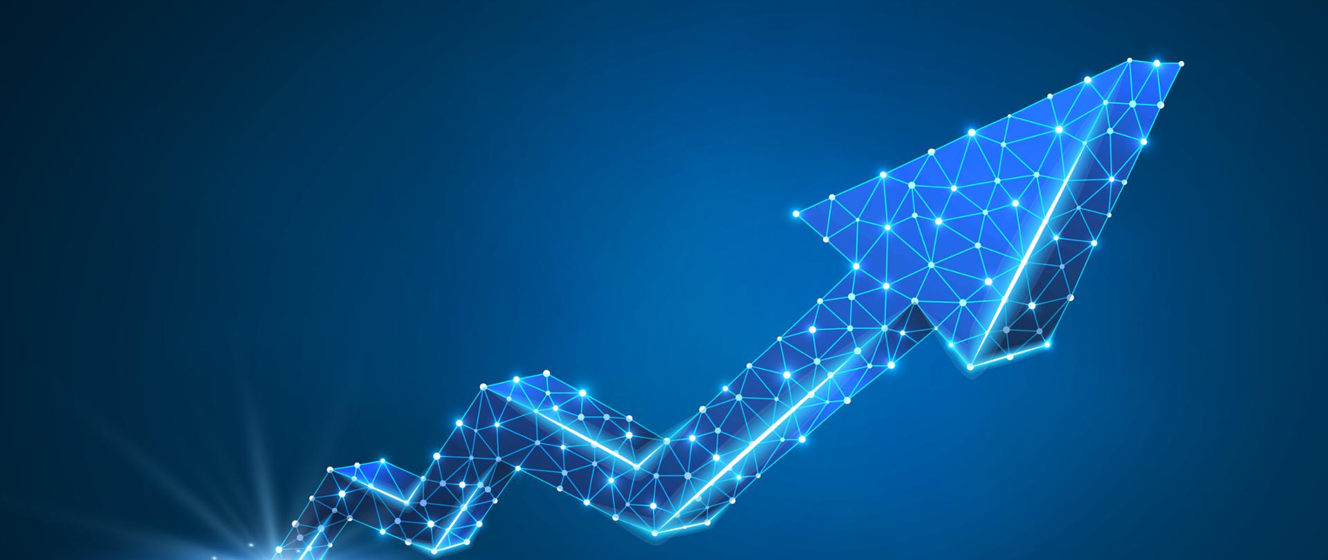 Niebieska strzałka na granatowym tle symbolizująca wzrost