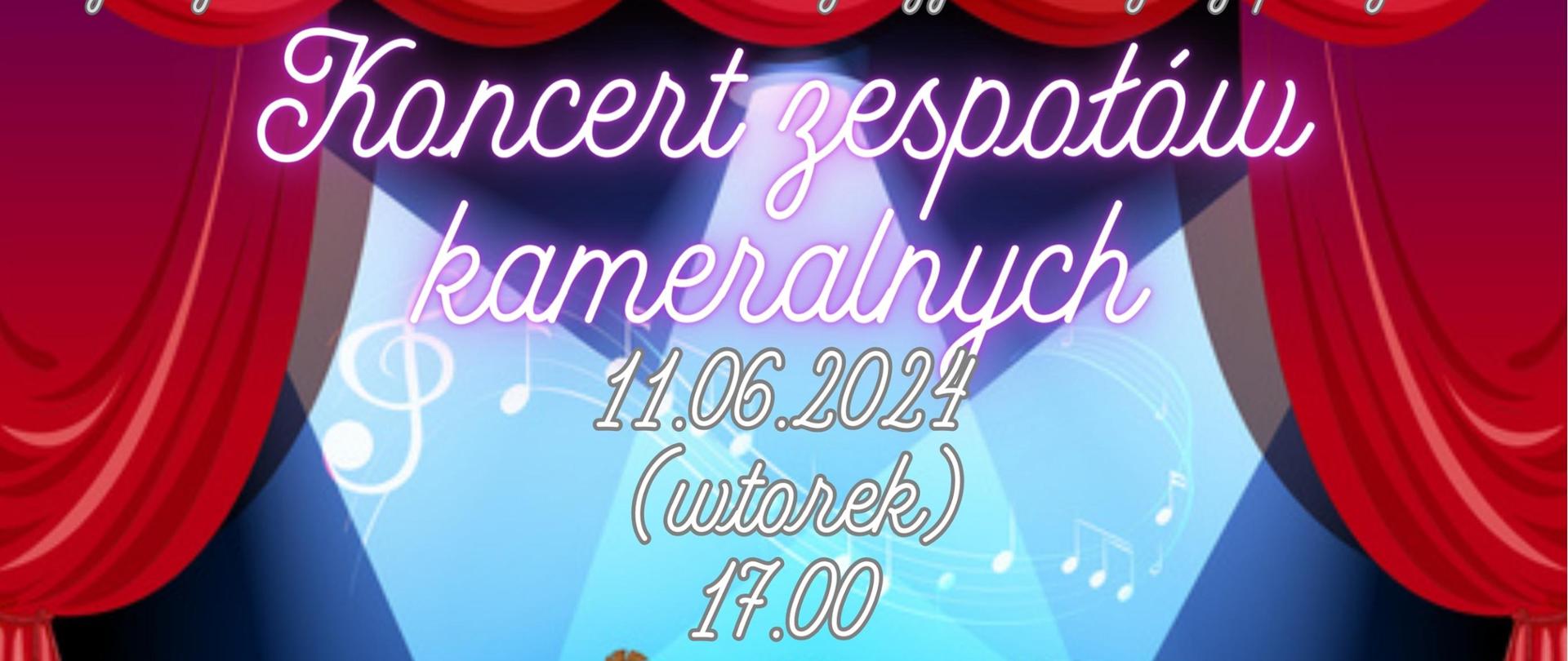 Plakat graficzny przedstawia wielokolorową scenę, na której występuje 4 dzieci grających na trąbce, saksofonie, skrzypcach i pianinie, powyżej napisy informujące i koncercie zespołów kameralnych
