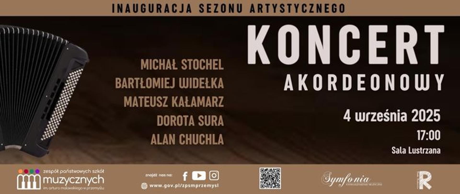 Grafika informacyjna o koncercie akordeonowym na inagurację sezonu artystycznego. na grafike akordeon. Grafika w kolorach czarnym i złotym. Data koncertu 4 września 2025, godzina 17:00, Sala Lustrzana