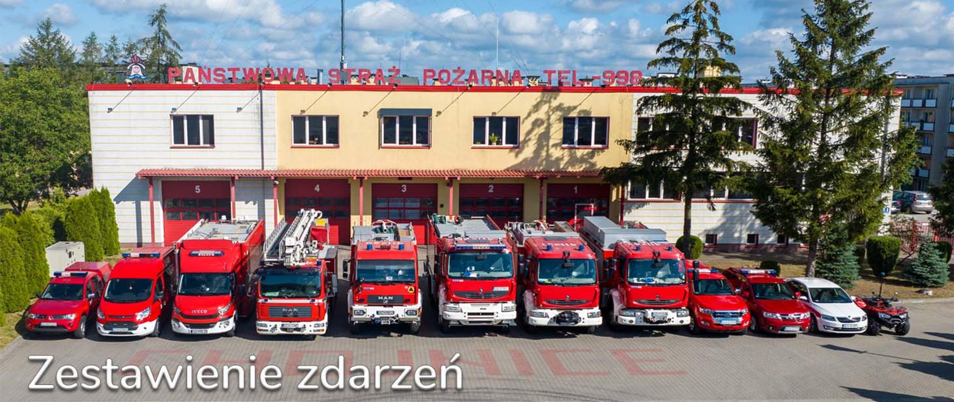 12 pojazdów strażackich przed budynkiem komendy. W tle widoczne drzewa oraz bloki mieszkalne. Na budynku napis "Państwowa Straż Pożarna tel.-998" oraz logo PSP. Na dole napis: "Zestawienie zdarzeń".