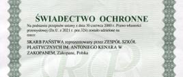 Zdjęcie przedstawia dokument - Świadectwo Ochronne dla logo PLSP im. A. Kenara w Zakopanem wydane przez Urząd Patentowy RP
