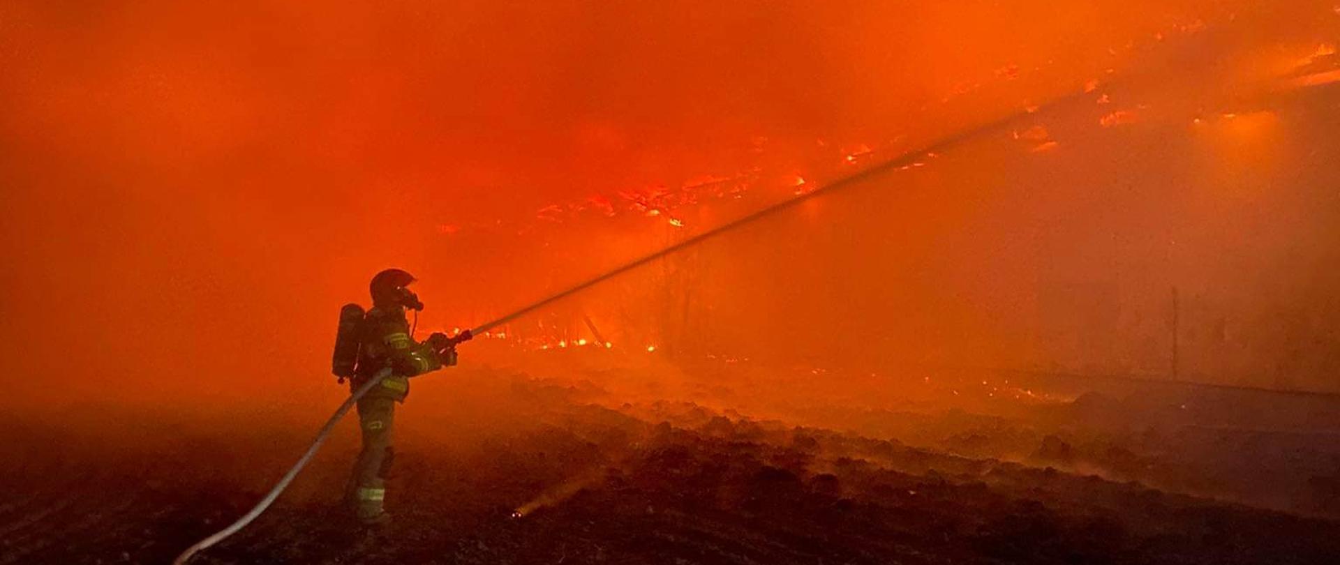 Strażak gasi pożar budynku, który zajął cały dach obiektu